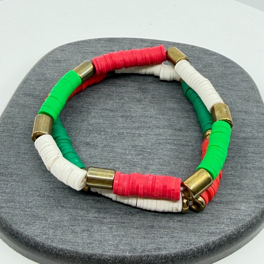 Red White Green Heishi Bead Bracelet Set Of 2 Pcs Festive Christmas Boho Stack